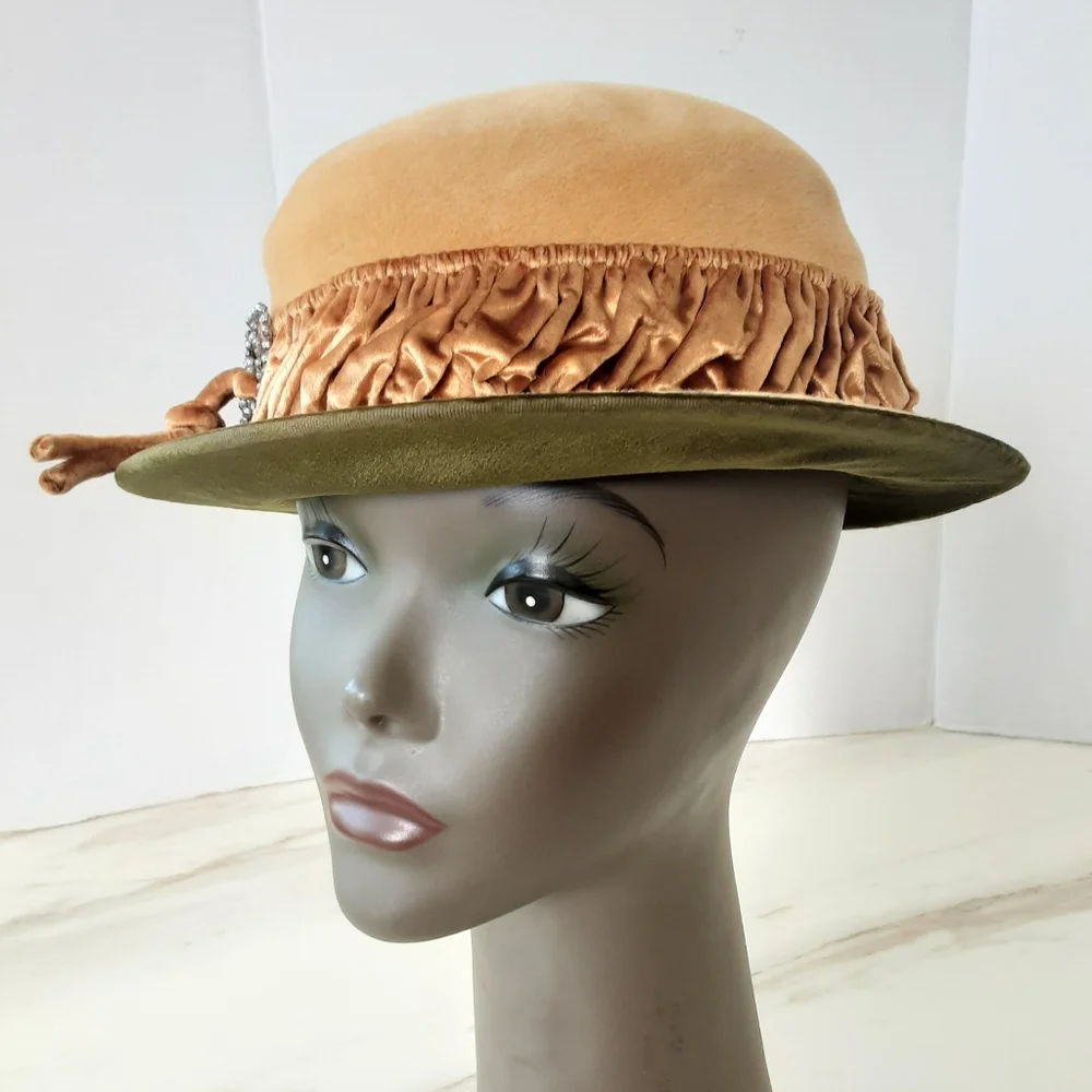 GLORY Cloche Yellow Mustard Wool Felt Green Velour Hat Sz S - Vtg 50's